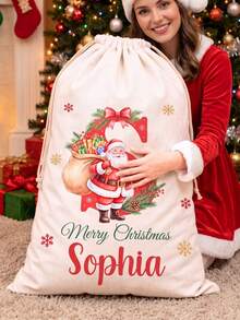 Customizable Santa Claus Initial Christmas Gift Bag, Personalized Name Drawstring Bag, Multi-Size Christmas Canvas Storage Bag, Holiday Gift Storage Bag, Christmas Tree Decoration, Home Gift Accessory - Multicolor 2 - View 7