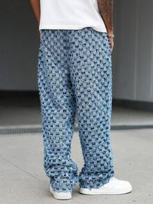 Plaid Frayed Patchwork Straight Leg Jeans, Elastic Waist Drawstring Straight Leg Jeans, Street Fashion Style Frayed Denim Jeans, All-Season Wearable Denim Pants - Blue - View 2