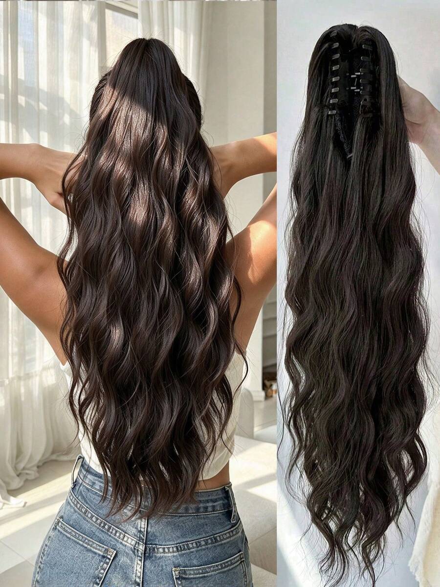 HEYPINK Brown Claw-Shaped Ponytail Hair Extension, 24 Inch Long, Water Wave Hair, Heat-Resistant Fiber Synthetic Ponytail Wig, Suitable For Girls And Women Daily Wear.