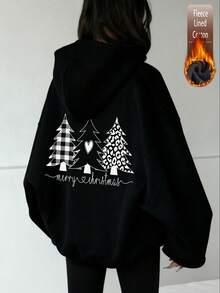 Women's Fleece Hooded Sweatshirt, Christmas Tree & Heart Pattern, Merry Christmas Text, Y2K Style, Autumn/Winter - Black - View 8