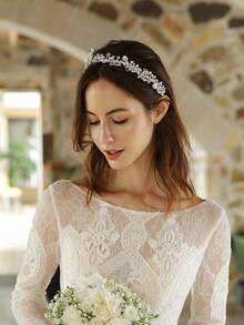 1pc Floral Crystal Pearl Bridal Headband, Handmade Wedding Tiara Hair Band With U Pins, Elegant Leaf Rhinestone Hair Accessory For Bride Wedding Party - Multicolor - View 3