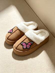 Women's Butterfly Embroidered Flat House Slippers, Warm & Comfortable Fleece Lining Indoor Slippers, Cozy Autumn/Winter Home Slippers - Khaki - View 6