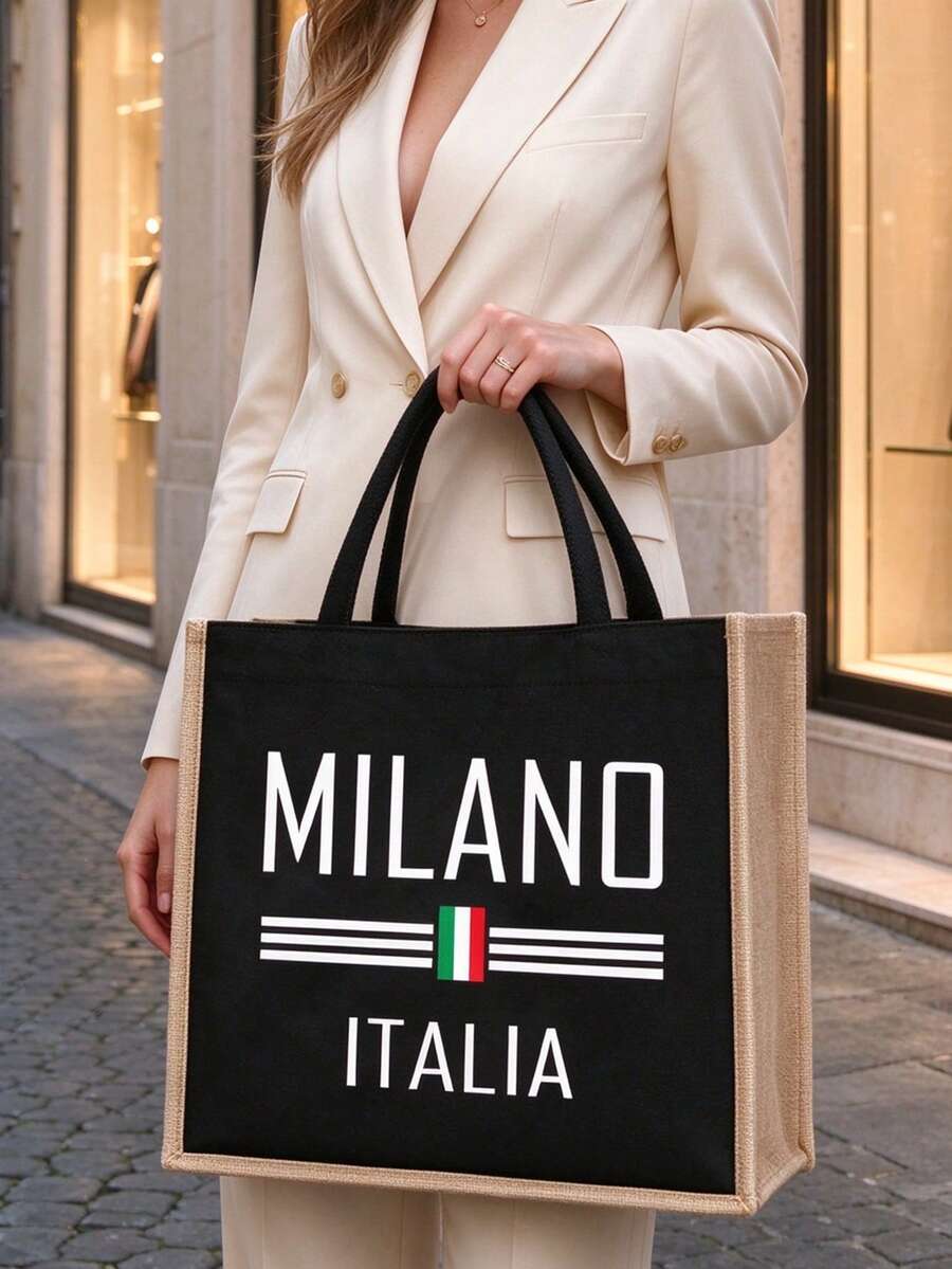 亞麻托特包套組,包含一個印有「Milan, Italy」的托特包和一個印有字母與花卉圖案的小收納袋,個性化禮品包裝,大包和小包組合,適合婚禮、生日、海灘、假期等場合,送給女性、母親、老師、朋友、伴娘、學生的完美禮物,也適合返校季 - 彩色 - 查看 1