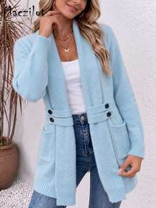 Plus Size Knit Cardigan Sweater With Lapel Collar, Pocket And Button Details, Autumn/Winter Outerwear, Commute And Date Outfit - Baby Blue - View 2