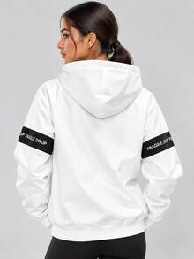 Women White Hooded Zip Up Fleece Lined Letter Tape Jacket - White - View 2