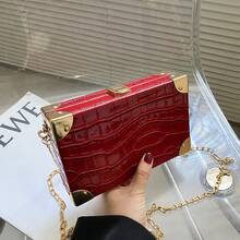 Crocodile Embossed Metal Corner Small Square Bag, Fashionable Women's Chain Crossbody Bag, Unique Solid Color Stone Texture Clutch Bag, Can Fit Phone And Coin Purse - A - View 4