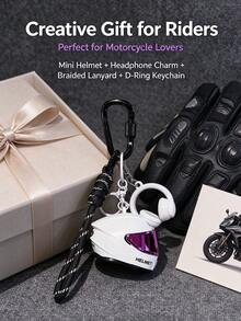 4-In-1 Mini Motorcycle Helmet + Realistic Earphone Pendant + Braided Lanyard + D-Ring Keychain Set, Motorcycle Riding Enthusiast Bag Charm, Personalized Portable Car Key Chain, Creative Gift For Motorcycle Lovers And Riders - Multicolor - View 3