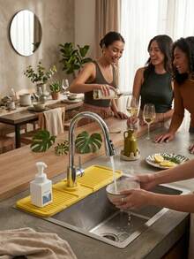 1pc Silicone Sink Drain Mat, Cuttable Design With Built-In Drainage Outlet, Wavy Water-Guiding Texture, Fits Kitchen Countertop, Absorbs Dishwashing Water Spills, Place Around Sink, Kitchen Countertop Organizer, Countertop Drain Mat, Kitchen Storage Mat, Countertop Water Control Mat, Kitchen Countertop Protection Accessory - Multicolor - View 5