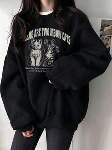 Vintage Distressed Double Cat Print Crew Neck Sweatshirt Women Autumn Loose Slouchy Drop Shoulder Long Sleeve Pullover Top American Casual - Black - View 9