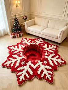 1pc Red And White Snowflake 3D Visual Illusion Asymmetric Round Carpet, 2D Flat Print Christmas Decor Rug, Suitable For Decorative Carpet, Bedroom Decor, Small Rug, Carpet, Home Decor, Living Room Carpet, Living Room Small Rug, Bedroom Carpet, Living Room Home Decor, Outdoor Carpet, Washable Carpet, Soft Non-Slip Washable Rug, Christmas Winter Home Decor, Holiday Gift - Multicolor - View 2