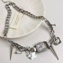 Women's Punk Style Square Roman Dial Necklace Quartz Watch, Butterfly Heart Star Pendant Chain Quartz Watch Necklace (1pc/Set) Watch Box Not Included - Silver - View 3
