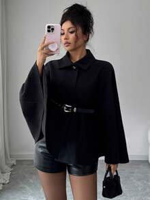 Women's Solid Color Elegant Casual Daily Work/Office Commute Belted Lapel Shawl Sleeve Design Wool Coat Autumn/Winter - Black - View 5