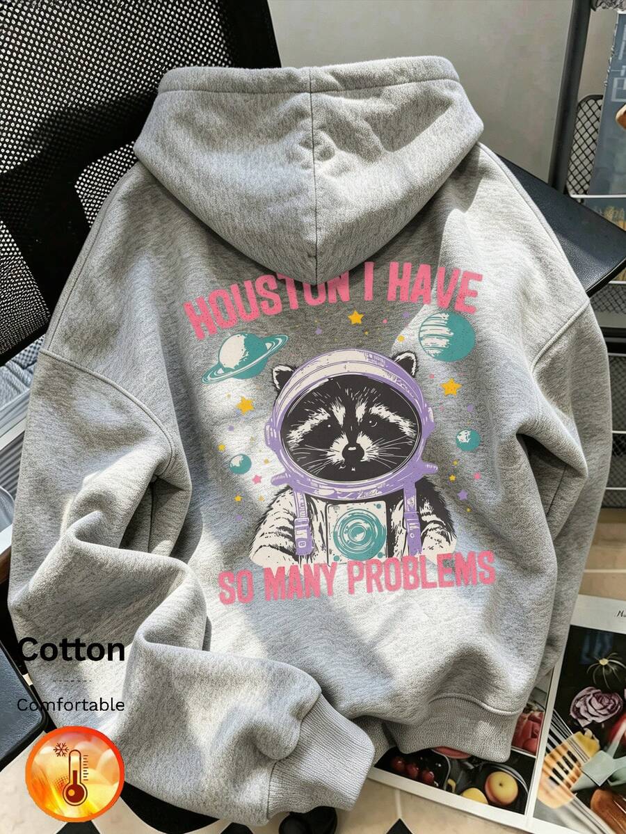 Women's Fleece Hooded Sweatshirt With Astronaut, Raccoon And Letter Print, Y2K Style, Autumn/Winter - Flower Gray - View 1