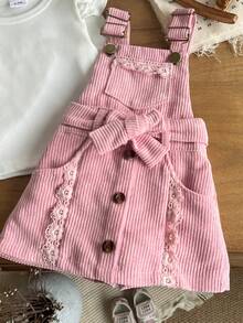 2pcs Baby Girl Cute Sweet Cool Long Sleeve Ribbed Top & Corduroy Ruffle Decor Overall Skirt Set, Autumn/Winter - Pink - View 4