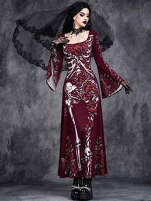 哥德式骷髏玫瑰長洋裝，喇叭袖蕾絲飾邊針織洋裝，女巫風格萬聖節服裝 - 酒紅色 - 查看 4