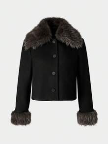 Women's Fashion Black Woven Jacket With Faux Fur Collar And Cuffs, Perfect For Autumn/Winter. Woven Fabric 320g - Black - View 2