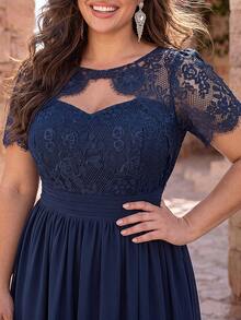 QOQ Plus Size Women's Elegant Chiffon Short Sleeve Formal Evening Gown, Backless Slit Long Dress, Autumn Style - Navy Blue - View 2