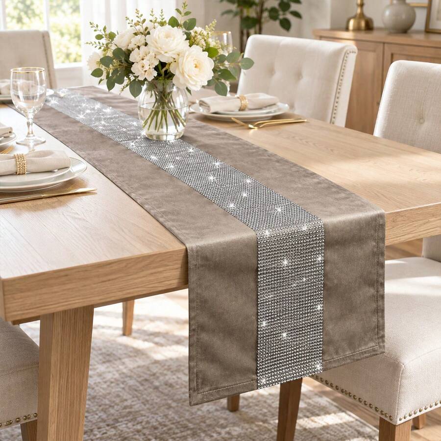 FLYINGCURTAINS Luxury Velvet Table Runner With Rhinestone Stripe, Sparkly Silver Diamante Table Runner For Wedding Dining Table Home Party Decor - Khaki - View 1