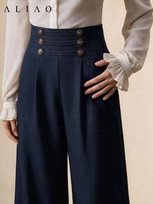 ALIAO Women's Elegant Military Style Denim-Like Wide Leg Pants, Button Front Design, All Season Formal Women's Wide Leg Pants - Navy Blue - View 5
