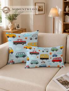 1/2pcs Vintage Cartoon Car And Bus Design Pillowcases With Zipper Closure - Perfect For Sofa, Bedroom, Patio Decor, Decorative Lumbar Pillow, Cushion Cover, No Pillow Insert - Foggy Sky, Light Blue - View 1