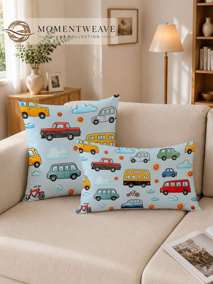 1/2pcs Vintage Cartoon Car And Bus Design Pillowcases With Zipper Closure - Perfect For Sofa, Bedroom, Patio Decor, Decorative Lumbar Pillow, Cushion Cover, No Pillow Insert - Foggy Sky, Light Blue - View 1