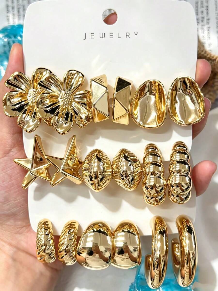 9 Pairs Mixed Earrings, Thick Style, Floral, Geometric, Textured, Fade-Resistant, Suitable For Daily Wear. - Gold - View 1