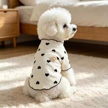 Ruffle Trim Ribbed Knit Dog Shirt, Heart Print Short Sleeve Pet Top With Paw Patch For Small Breed Dogs - Brown - View 11