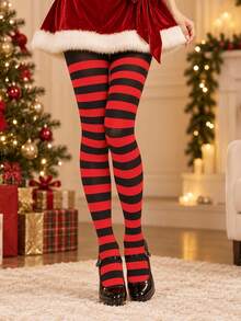 1 Pair Christmas Contrast Color Horizontal Striped Tights, Colorful Striped High Elasticity Leggings, Holiday Party Cosplay Socks - Red - View 4