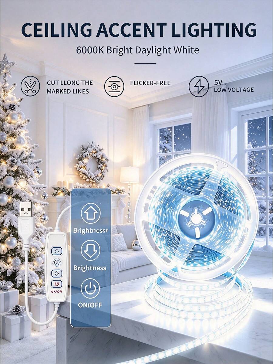 Lampu LED Strip Putih 6000K Bertenaga USB 1m/3 Meter/5m, Dapat Diredupkan dengan 3 Tombol, Dapat Dipotong, Dapat Dibengkokkan, Perekat Mandiri, Cocok untuk Kamar Tidur, Langit-langit, Dekorasi Rumah Natal - Putih - View 1