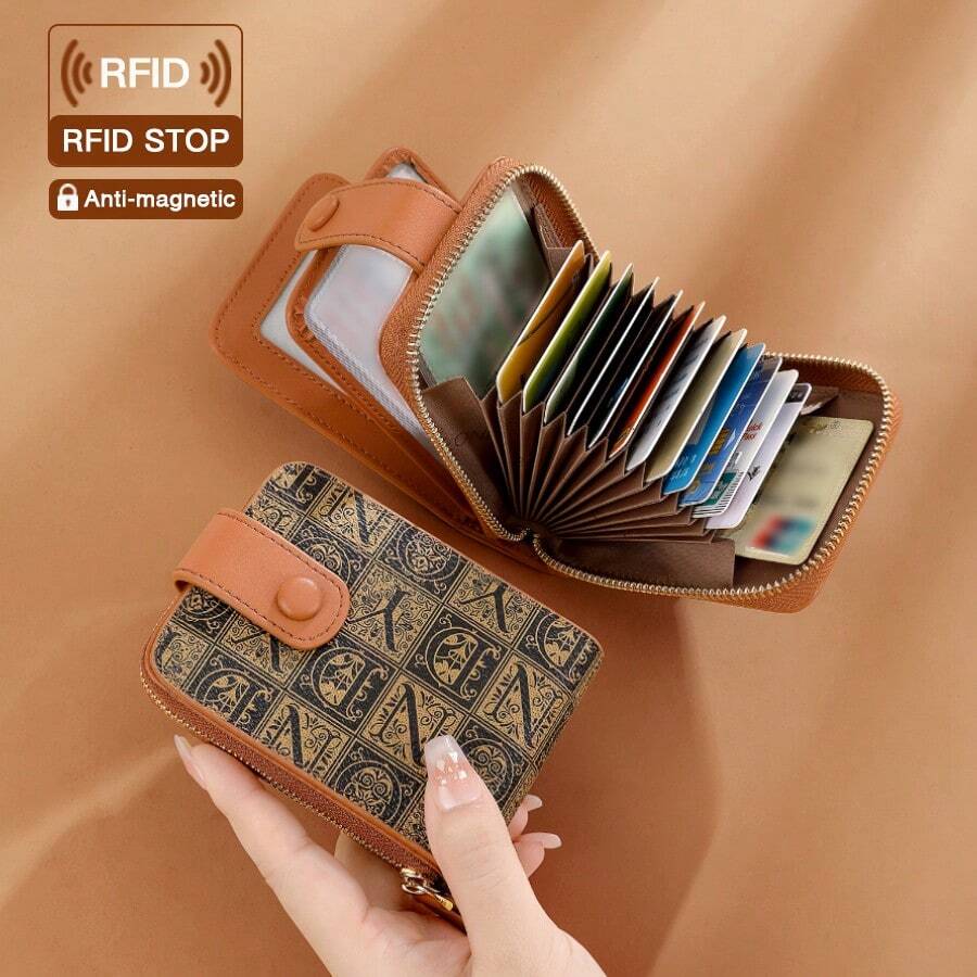 ONDY Zipper Large Capacity Card Holder For Women 12 Card Slots - Zipper & Snap Closure, Double Layer Vertical Multi-Function Driver's License & ID Card Organizer, RFID Anti-Theft, Vintage Floral Print Fabric, Daily Commute Shopping Dating Fashion Accessory, Birthday Gift For Girlfriend, Valentine's Day Gift - Multicolor - View 1