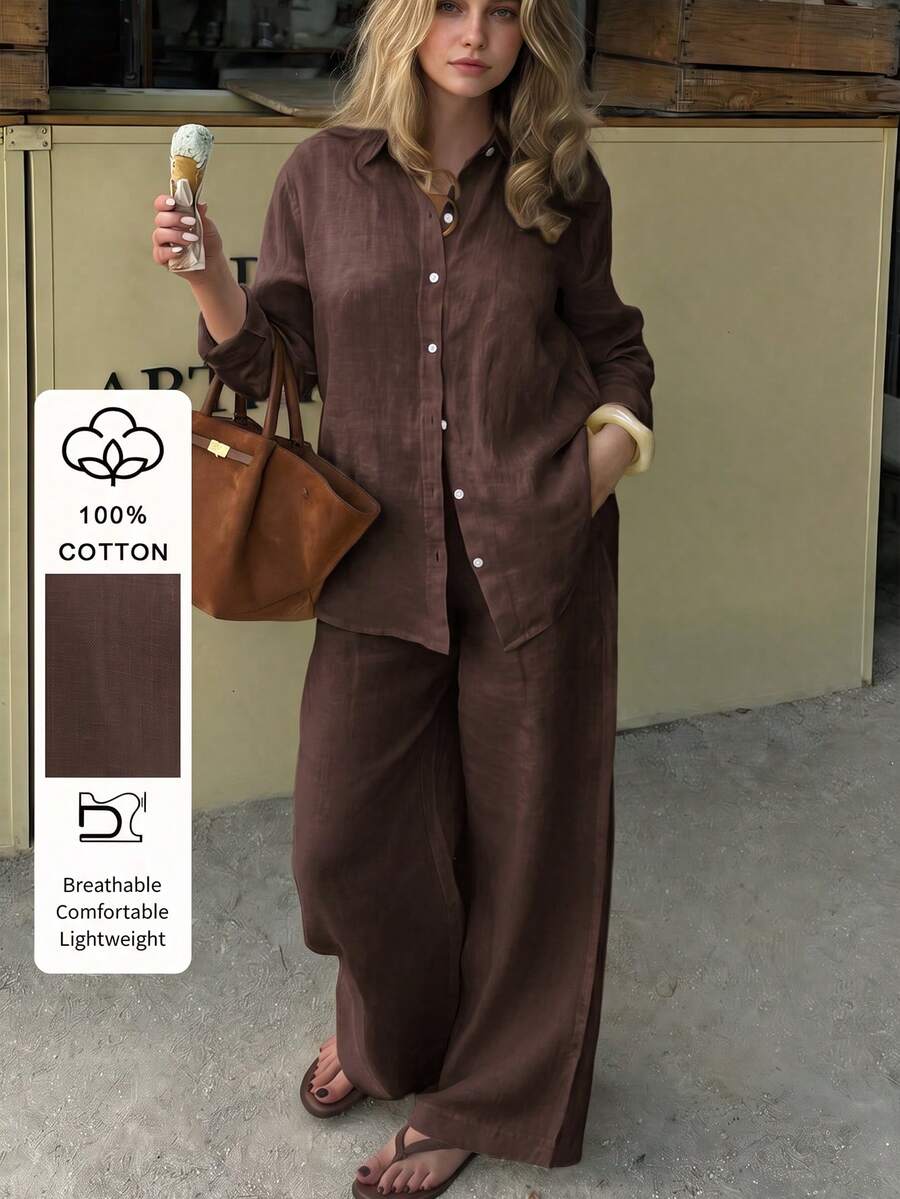 PoPoHouse Women's Autumn 2 Pieces Set Pure Cotton Solid Color Casual Long Sleeve Collared Shirt Top With Loose Wide Leg Pants Elegant