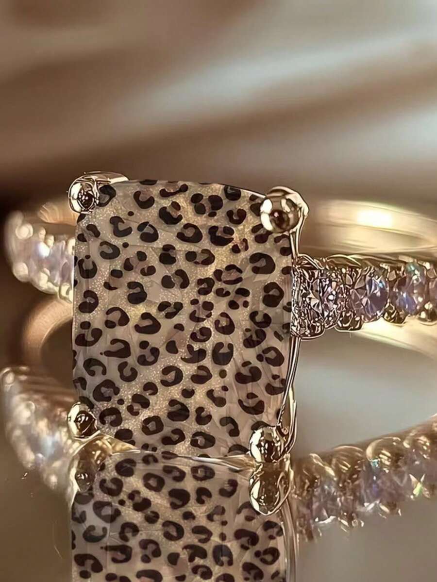 1pc Leopard Print Design Ring, Gold Luster CZ Inlaid Vintage Animal ...