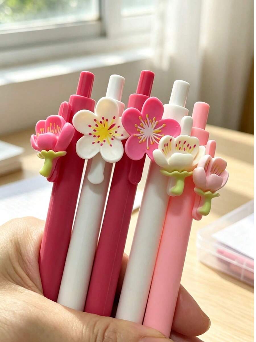 4pcs/Set Random Flower Pattern Retractable Ballpoint Pens, Multiple Designs, Simple Printed Pens, Suitable For Weddings, Parties, Daily Use, Gifts, Perfect Valentine's Day Gift For Friends And Family - A - View 1