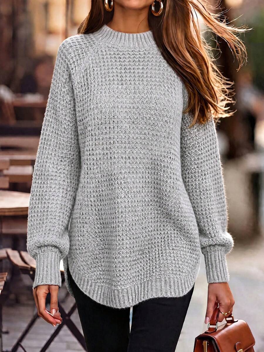 Women Basic Oversized Chunky Waffle Knit Solid Long Sweaters Curved Hem Dressy Casual Cozy Crewneck Pullover Long Sleeve Sweater Tops