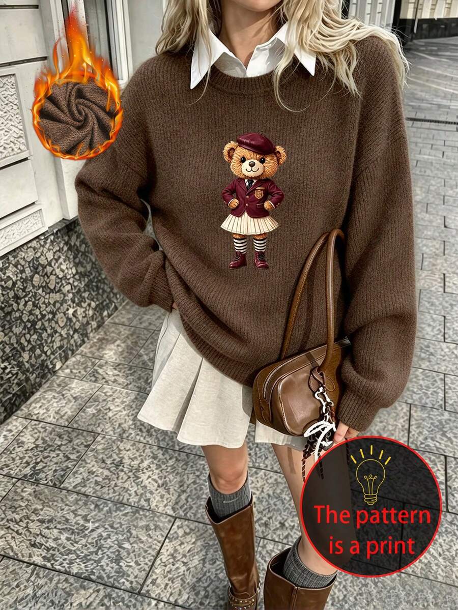 Women's Plus-Size Casual, Cute Faux-Knit Sweater Featuring A Preppy-Style Bear Graphic; Versatile And Perfect For Everyday Wear In Autumn And Winter. - Brown - View 1