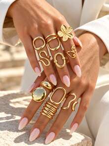 Set Cincin Geometris Bunga Vintage 11 Buah untuk Wanita, Cincin Jari Asimetris Halus Warna Emas, Aksesoris Perhiasan Pernyataan - Yellow Gold - View 6