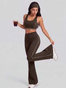 VUTRU Legging Olahraga Ketat Pinggang Tinggi dengan Garis Warna Kontras yang Mengangkat Bokong dan Bagian Bawah Mengembang untuk Lari, Kebugaran, Yoga, Pilates - Coffee Brown - View 5