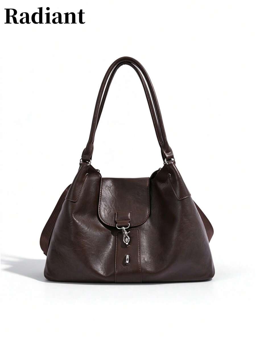 Women Shoulder Tote Bag Solid Vintage Faux Leather With Metal Buckle Detachable Strap Large Capacity Casual For Daily Travel - Coffee - View 1