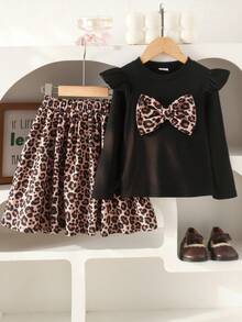 2pcs Girls Sweet Cool Spicy Style Big Bow Decor Flutter Sleeve Round Neck Long Sleeve Top & Leopard Print High Waist Elastic Skirt Set, Spring/Autumn - Black - View 2