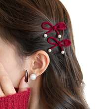 2pcs Elegant Alligator Hair Clips, Premium Exquisite Side Hair Clips For Women, Pearl Hair Clips, Cute, Festive - Red - View 2