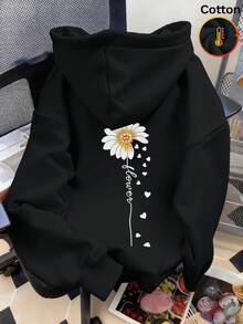 Women's Floral Print Sweatshirt For Autumn/Winter, Heart Graphic, Y2K Style - Black - View 2