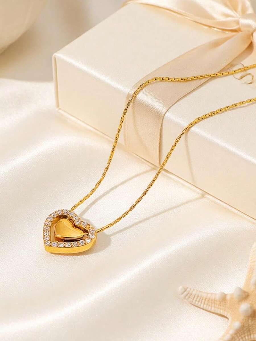 1pc Rhinestone Heart Clavicle Necklace, Ins Style, Niche Design, Vintage Delicate, Versatile Fashion Women's Daily Commute Gift - Full Diamond Heart Clavicle Necklace - View 1