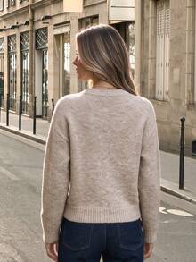 Women's Vintage Round Neck Knitted Cardigan With Gold Buttons, Long Sleeve Knit, Creating Preppy Winter Look - Mocha Brown - View 7