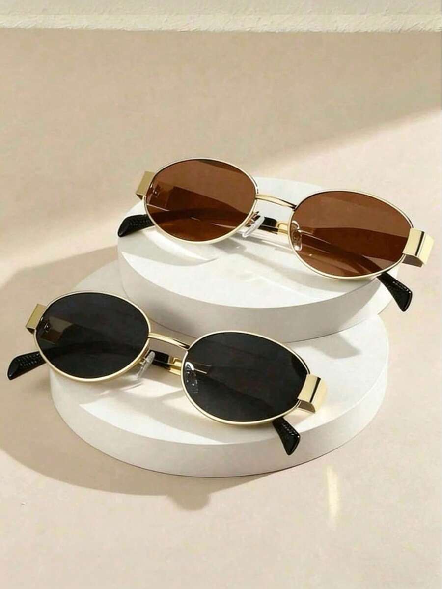 1pc Oval Metal Frame Glasses, Fashionable And Versatile, Suitable For Daily Wear, Beach Vacation, Street Photography, Summer Beach Holiday, Outdoor Activities And Travel - Multicolor - View 1