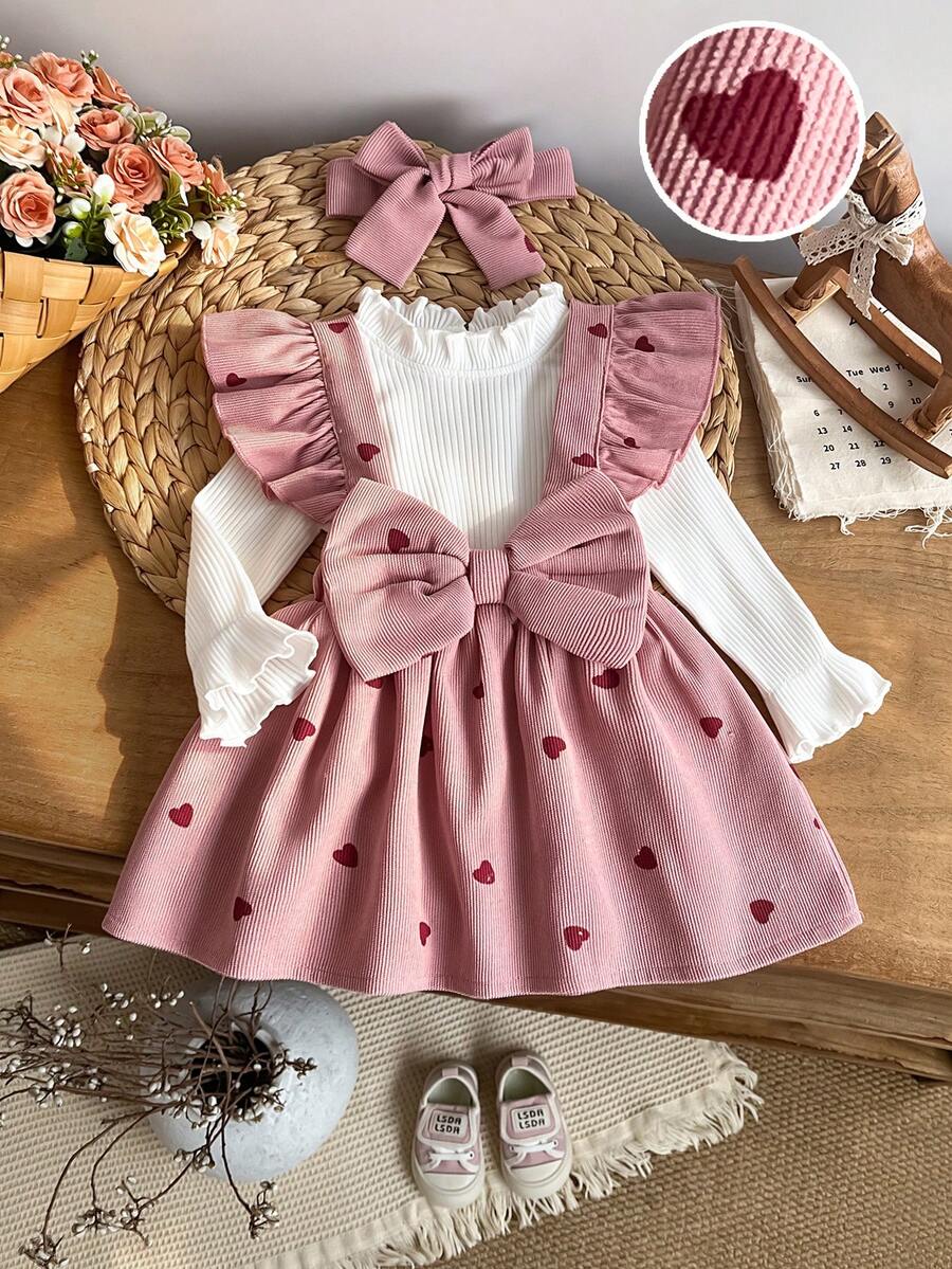 2pcs Baby Girl Cute Small Stand Collar Long Sleeve Ribbed Top & Heart Print Corduroy Dress Set, Thin Spring/Autumn - White - View 1
