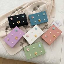 Solid Color PU Box Bag, Fashion Chain Asymmetrical 3D Flower Box Bag, Mini Crossbody Women's Small Square Bag, Small Flower Handbag - A - View 2