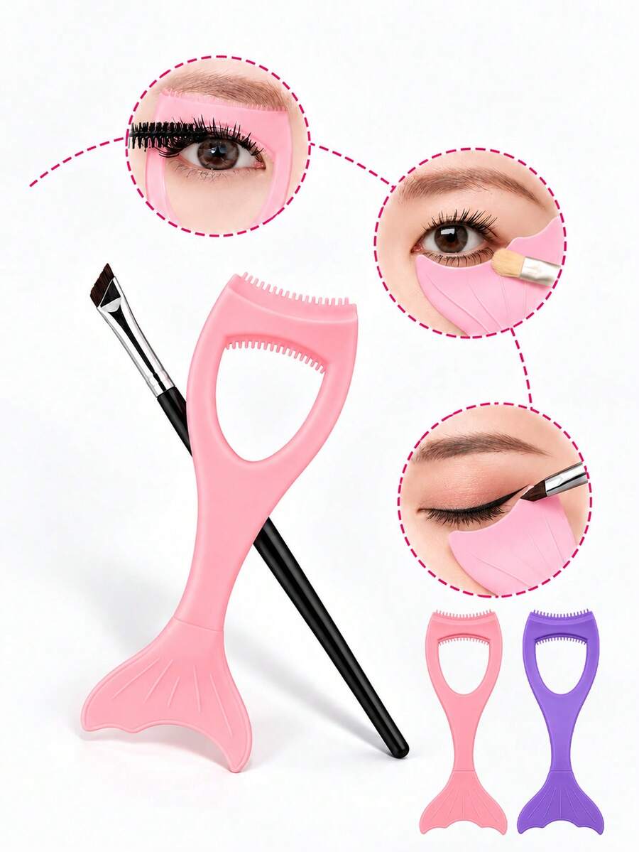 5pcs/2pcs Mermaid Shaped Eyeliner Helper Set, Includes Angled Fine Tip Eyeliner Brush, Dual Arc Design Fits Upper And Lower Eyelids, Easily Assist In Drawing Smooth Eyeliner, Edge Comb Can Comb Eyelashes, Also Assist In Eyeshadow Application, Pink And Purple Dual Colors Available, Vanity Accessories, Travel Essentials, Suitable For Beginners Practice And Daily Eye Makeup, Portable Eye Makeup Tool - Multicolor - View 1