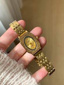 1件復古女款手錶，幾何金色錶殼，橢圓形金色錶盤，條形刻度，壓紋錶圈，多排金色鏈條錶帶，適合日常佩戴 - 金色 - 查看 2