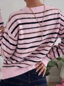 Plus Size Women's Fashion Long Sleeve Knitted Base Layer Top, New Autumn/Winter Soft Gentle Style Loose Sweater - Pink - View 5