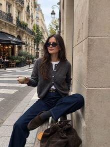 Fall Winter Women Sweaters Elegant Casual Y2K Grey Solid Button Front Crew Neck Long Sleeve Loose Cardigan Knit Outerwear Top Outfits - Grey - View 3